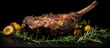 whole leg of lamb mutton that has been oven roasted with thyme. It is placed on a black background and