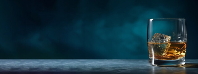 a glass of whisky, cognac with ice cubes on an old vintage blue background, with copy space, place f