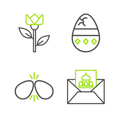 Canvas Print - Set line Greeting card with Happy Easter, eggs, Cracked and Flower tulip icon. Vector