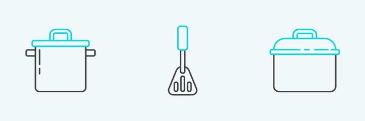 Poster - Set line Cooking pot, and Spatula icon. Vector