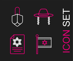 Poster - Set line Flag of Israel, Torah scroll, Orthodox jewish hat and Hanukkah dreidel icon. Vector