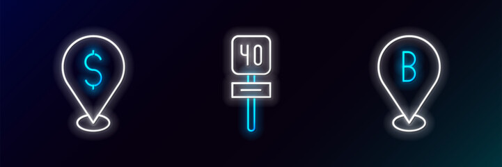 Sticker - Set line Location, Cash location and Road traffic sign icon. Glowing neon. Vector