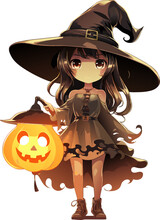 Vector Halloween Girl With Pumpkins. A Witch With Hat . A Magician Girl With Jack O Lantern Vector Illustration On White Background.