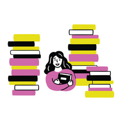 Sticker - Cartoon Color Educational and Self-Development Concept Scene with Character Girl Among Stacks of Books. Vector illustration