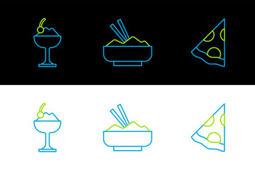 Poster - Set line Slice of pizza, Ice cream in bowl and Rice with chopstick icon. Vector