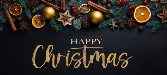 Wall Mural - Merry Christmas, festive celebration holiday greeting card with text - Ornaments (orange slices, cinnamon sticks, star anise, branches, cones) on black table background, top view (Generative Ai)