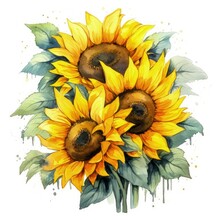 Watercolor Illustration Of Three Sunflowers With Green Leaves