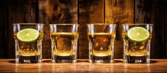 Wall Mural - Golden Tequila Shots on a wooden background with three shot glasses containing salt, lime slices, and