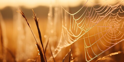 Wall Mural - AI Generated. AI Generative. Sunshine spoderweb spider web at field meadow hay grass. Nature outdoor wildlife. Graphic Art
