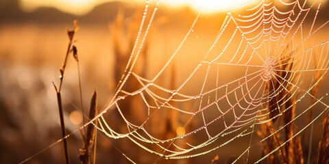 Wall Mural - AI Generated. AI Generative. Sunshine spoderweb spider web at field meadow hay grass. Nature outdoor wildlife. Graphic Art