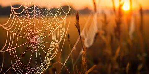Wall Mural - AI Generated. AI Generative. Sunshine spoderweb spider web at field meadow hay grass. Nature outdoor wildlife. Graphic Art