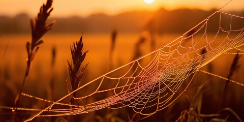 Wall Mural - AI Generated. AI Generative. Sunshine spoderweb spider web at field meadow hay grass. Nature outdoor wildlife. Graphic Art