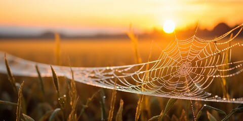 Wall Mural - AI Generated. AI Generative. Sunshine spoderweb spider web at field meadow hay grass. Nature outdoor wildlife. Graphic Art