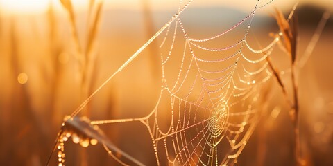 Wall Mural - AI Generated. AI Generative. Sunshine spoderweb spider web at field meadow hay grass. Nature outdoor wildlife. Graphic Art