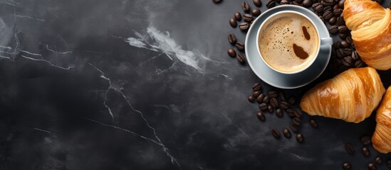 Poster - Fresh croissants and coffee placed on a stone table as seen from above, with empty space for adding