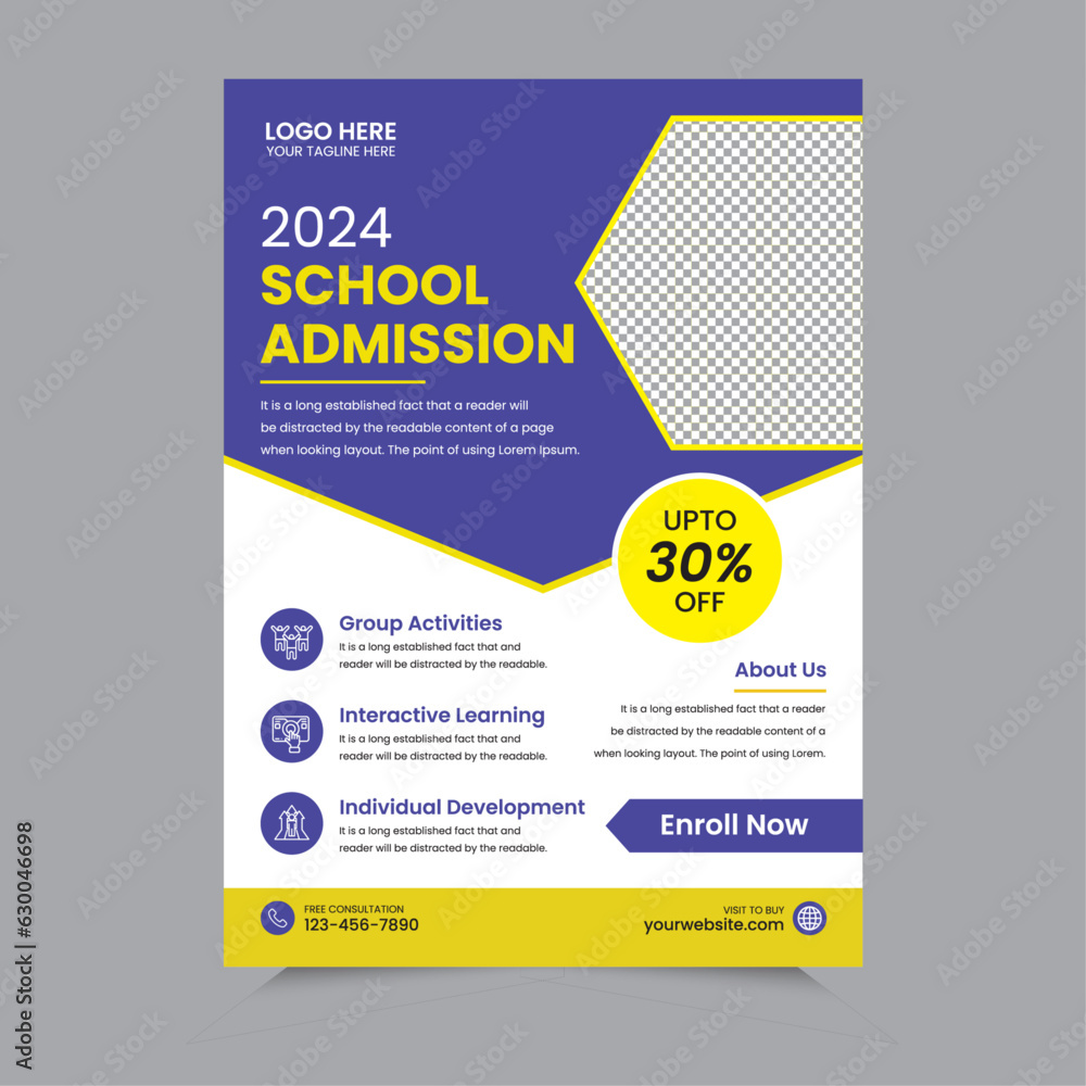 Kids Back to School educational admission flyer. School Admission Flyer Template, Education Flyer, Poster Design, and leaflet design with the print-ready file. vector illustration.