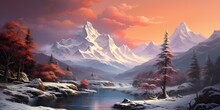 AI Generated. AI Generative. Winter Snow Ice Chistmas Xmas Mountain Forest Lake Landscape Background. Adventure Explore Panorama. Oil Paint Draw Canvas