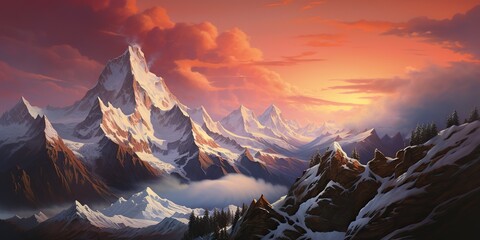 Wall Mural - AI Generated. AI Generative. Winter snow ice chistmas xmas mountain forest lake landscape background. Adventure explore panorama. Oil paint draw canvas