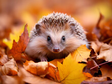 Cute Hedgehog Hides In Autumn Leaves. The Hedgehog Carries Yellow Leaves On Its Back. Baby Hedgehog Surrounded By Pile Of Leaves.