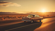 A Vintage Car Driving Down A Dusty Route 66 During Sunset, Dust Trailing, Long Shadows, Warm Tones