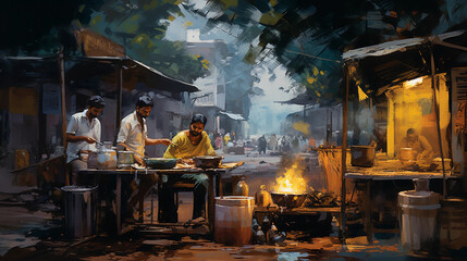 South Asian chai wallah preparing tea on a roadside stall, illustrative, thick, layered, digital brushstrokes, reminiscent of digital impasto painting, lively and bustling street scene