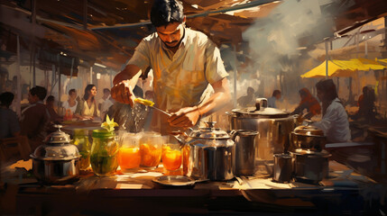 Wall Mural - South Asian chai wallah preparing tea on a roadside stall, illustrative, thick, layered, digital brushstrokes, reminiscent of digital impasto painting, lively and bustling street scene
