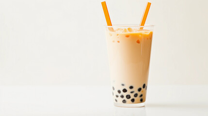 Wall Mural - Taiwanese bubble tea, tapioca pearls visible at the bottom, pastel - colored straw in a clear glass, on a bright white background, minimalist style