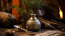 Argentinian Yerba Mate Ceremony, Hand - Carved Gourd, Silver Bombilla, And Loose - Leaf Yerba, Natural, Rustic Environment, Warm Lighting