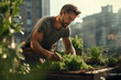 © Lais - Man working at urban farm in rooftop building in a city urban agriculture sustainability
