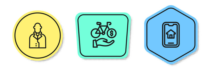 Sticker - Set line Realtor, Bicycle rental mobile app and Online real estate. Colored shapes. Vector