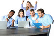 © ty - Happy business people laugh near laptop on a transparent background. Successful team coworkers joke and have fun together at work.