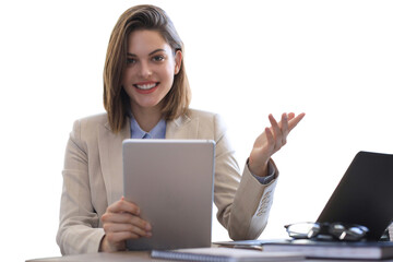 Attractive smiling woman working on a tablet on a transparent background