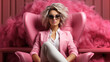 Portrait of a beautiful young blond woman posing in a glamourous pink color palette interior. Barbiecore. Generative AI