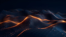 Generative AI Illustration Of Sine  Waves And Particles On Dark Background, In The Style Of Light Gold And Orange, Technological Design, Dotted, Tilt Shift, Kinetic Lines, Acoustic Curves, Wallpaper