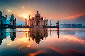 Wall Mural - sunset over a palace at the bank of a river