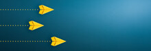 Yellow Paper Plane On Blue Background, Business Competition Concept. Copy Space