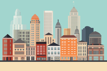 Wall Mural - Cityscape with tall skyscrapers and office buildings. Business district of the city with residential buildings. Vector illustration.