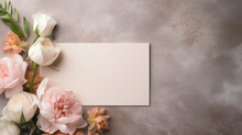 Summer Spring Blossom Blooming Flatlay Paper Card Empty Mockup Poster On A Wooden Rustic Table Decorated With Herbal Flowers Celebration. 