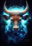 Fototapeta  - A bull with a blue light on its horns, taurus sing in horoscope, animal. Generative Ai.