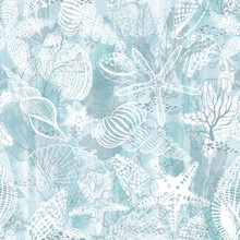 Abstract Seamless Pattern On The Marine Theme With Underwater Plants,starfish And Seashells On Blue Watercolor Background. Vector. Perfect For Design Templates, Wallpaper, Wrapping,textile.