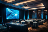 Fototapeta  - the setup of a business conference or event at the hotel, with rows of chairs, presentation screens, and networking areas Generative AI