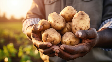 Poster - Male farmer holding a potato crop in his hands.