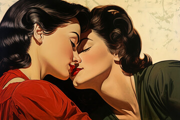 generative ai illustration of happy caucasian lesbian couple in love in 1950s style illustration