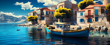 Traditional Greek Fishing Village With Colorful Boats