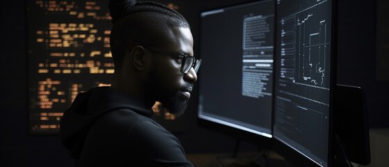African American man programmer looking at lines of code on a screen. Generative ai