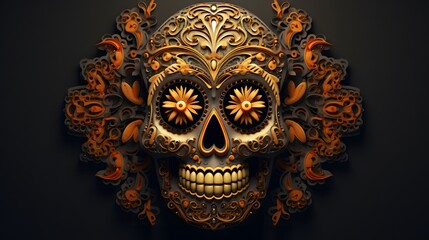 3d illustration of sugar skull with floral ornament on black background. Sugar Skull (Calavera) to celebrate Mexico's Day of the Dead (Dia de Los Muertos)