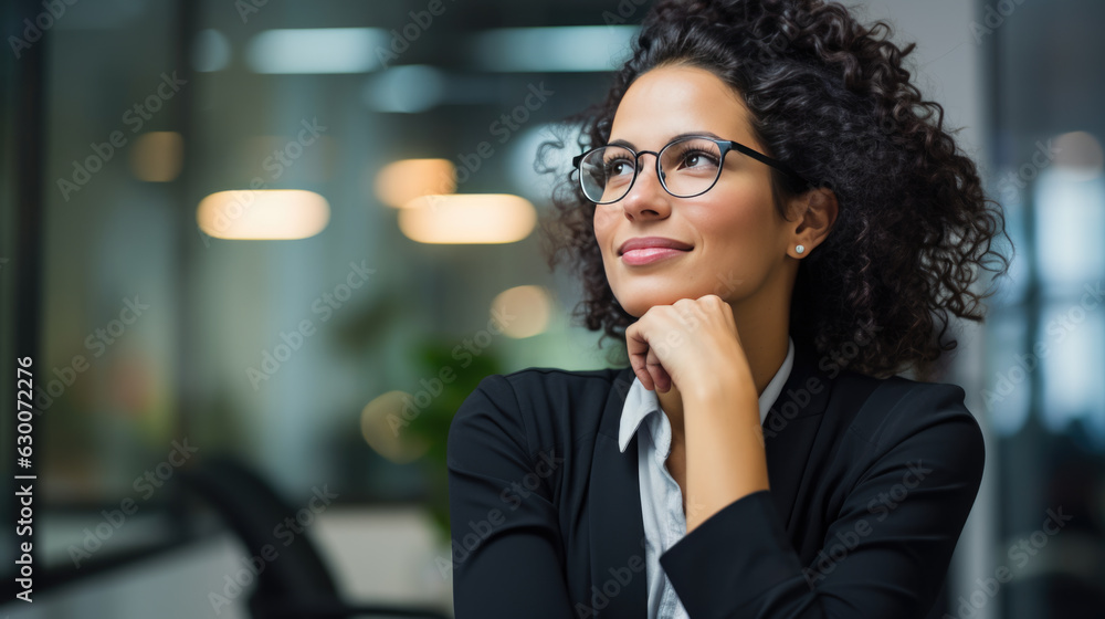 Close up portrait of a smiling thinking young businesswoman in suit ...