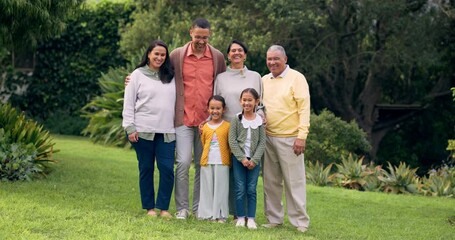 Canvas Print - Happy family, park and portrait outdoor in nature with happiness, love and care. Men, women or parents and grandparents together with a smile in a garden for quality time, bonding and fun holiday