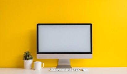 Wall Mural - a computer white screen on a yellow background