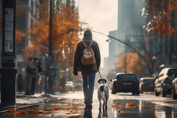 Wall Mural - young man walking dog in the city in autumn day, AI Generated